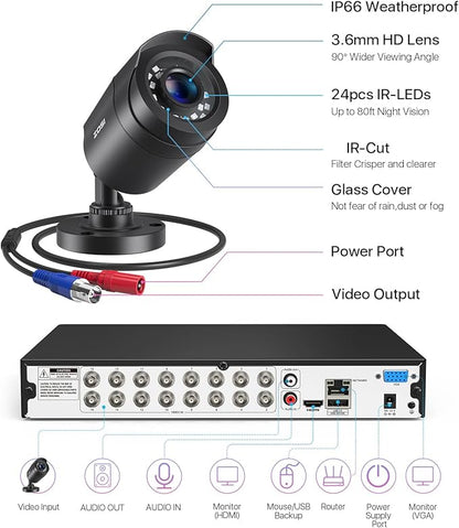 ZOSI 3K Lite 16Channel Security Camera System, AI Human/Vehicle Detection, Night Vision, 16pcs H.265+ 1080P Outdoor Bullet Cameras, 1080P 16CH Surveillance DVR with 2TB HDD for 24/7 Recording