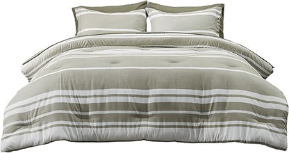 Bedsure Full Size Bedding Sets 7 Pieces, Olive Green White Striped Bedding Comforter Sets All Season Bed Set, 2 Pillow Shams, Flat Sheet, Fitted Sheet and 2 Pillowcases