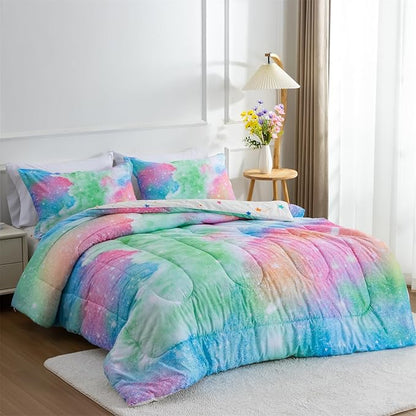 A Nice Night Galaxy Bedding Sets Outer Space Comforter 3D Printed Space Quilt Set Twin Size Glitter Pink Green Color,for Children Boy Girl Teen Kids