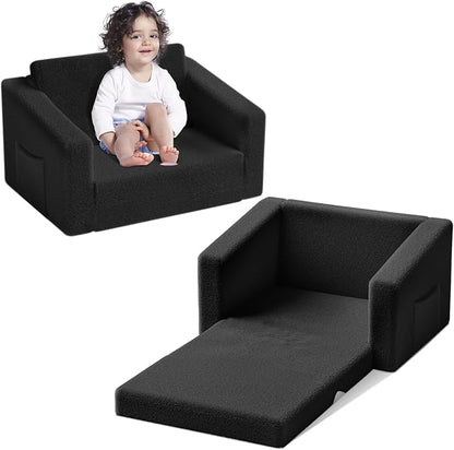 Kids Couch,2-in-1 Toddler Chairs for Boys,Kids Sofa with Storage,Comfortable Kids Sofa Bed,Fun Kids Lounge Chair,Toddler Furniture,Kids Playroom,Children'S Gifts (Black)