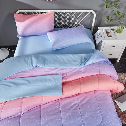 Rainbow Comforter Set for Teen Girls Women,Full/Queen Size 5 Piece Bed in A Bag,Metallic Printed Glitter Comforter and Sheets,Ultra Soft Microfiber All Season Bedding Set(Full/Queen,Blue)