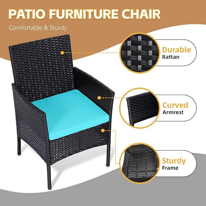 Patio Furniture Set 3 Pieces All-Weather Rattan Outdoor Furniture Patio Chairs with Tempered Glass Table for Porch Bistro Balcony Bistro Set(Black/Blue)