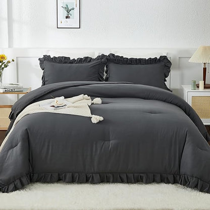 Andency Dark Gray Comforter Set Full, 3 Pieces Full Bed Solid Bedding Comforters & Sets, (1 Ruffle Comforter and 2 Pillowcases) All Season Lightweight Fluffy Soft Microfiber Bedding Set(79x90Inch)