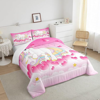 Girls Unicorn Comforter Set Twin Girly Fantasy Rainbow Unicorn Bedding Set for Kids Little Girls, Pink Love Heart Duvet Sets Dreamy Horse Cartoon Magical Animal Down Comforter with 1 Pillowcase