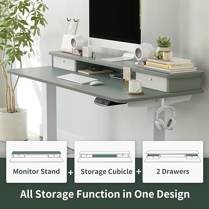 FEZIBO 40 x 24 Inch Height Adjustable Electric Standing Desk with Double Drawer, Stand Up Desk with Storage Shelf, Sit Stand Desk, Green