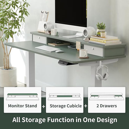 FEZIBO 40 x 24 Inch Height Adjustable Electric Standing Desk with Double Drawer, Stand Up Desk with Storage Shelf, Sit Stand Desk, Green