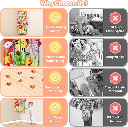 Stuffed Animal Storage Toy Organizer, Wood Corner Plushies Storage Wall Shelf Adjustable Length Stuffed Animal Holder, Large Kids Toy Storage for Nursery Playroom Bedroom Kid Room
