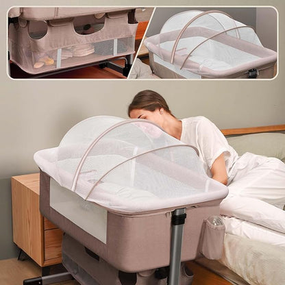 Baby Crib,3 in 1 Bedside Crib Adjustable Portable Bed for Infant,Baby Bassinet Baby Newborn Must Have Bed, Khaki