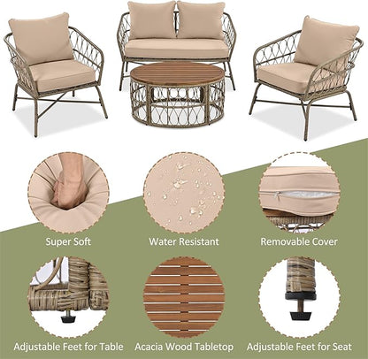 Merax Outdoor Patio Furniture Sets, Bohemia-Inspired Wicker Conversation Seating Group, with Soft Cushions and Wood Tabletop, 4 PCS, Beige