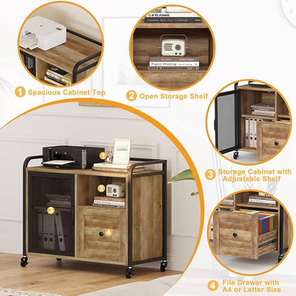 BON AUGURE Filing Cabinet for Home Office, Lateral File Cabinet with Drawer for Letter/ A4 Size, Mobile Printer Stand with Open Storage (Vintage Oak)