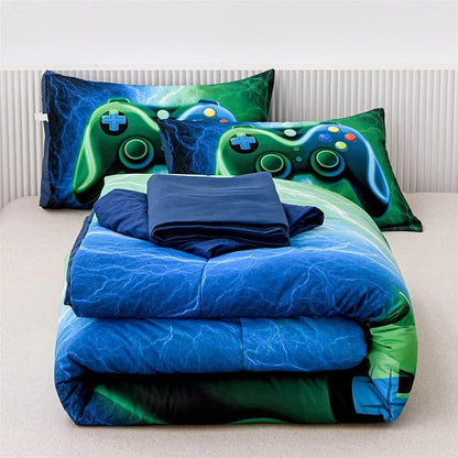 Meeting Story Gamer Gaming Bedding Sets Red Blue Lightnings Gamepad Comforter Set for Boys Games Console Action Buttons Novelty Colorful Modern Room Decor Home Quilt Set (Blue-Green, Full 5Pcs)