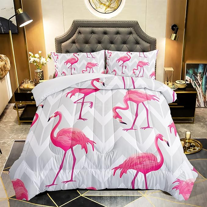 Flamingo Comforter Set Twin Size Tropical Flamingo Geometric Stripe Bedding Set Flamingo Quilted Duvet for Kids Girls Boys Adult with 1 Comforter and 2 Pillowcases