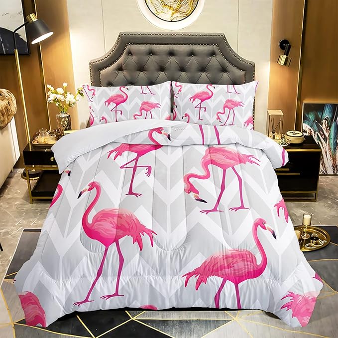 Flamingo Comforter Set Queen Size Tropical Flamingo Geometric Stripe Bedding Set Flamingo Quilted Duvet for Kids Girls Boys Adult with 1 Comforter and 2 Pillowcases