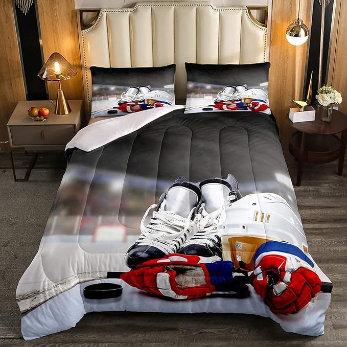 Erosebridal Ice Hockey Comforter Set King, Hockey Player Down Comforter for Kids Boys Girls Teens Juvenile, Sports Game Duvet Set, Soft Winter Quilted Duvet Sports Bedroom Decor for All Season