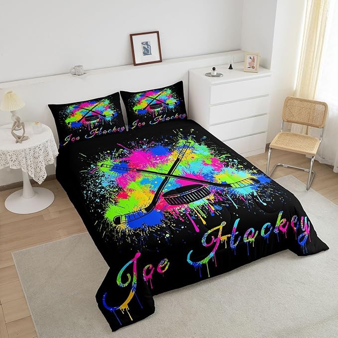 Feelyou Kids Ice Hockey Comforter Set King Size Gaming Sports Bedding Set for Boys Girls Teens Bedroom Decor Ice Sports Games Tie Dye Comforter Hockey Player Duvet Set with 2 Pillow Case