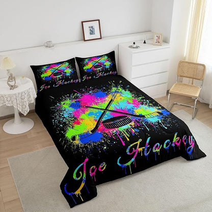 Feelyou Kids Ice Hockey Comforter Set Queen Size Gaming Sports Bedding Set for Boys Girls Teens Bedroom Decor Ice Sports Games Tie Dye Comforter Hockey Player Duvet Set with 2 Pillow Case