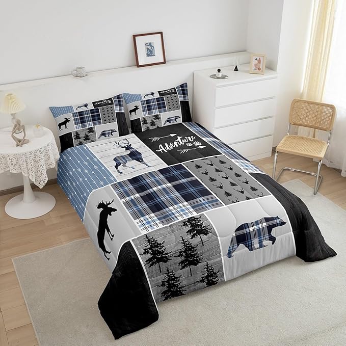 Rustic Adventure Kids Comforter Set Twin Size,Deer Bear Pine Trees Xmas Bedding Set for Boys Girls Adults Room Decor,Plaids Arrows Wooden Patchwork Down Comforter,Blue Duvet Insert,1 Pillowcase