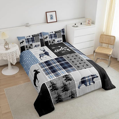 Rustic Adventure Kids Comforter Set Twin Size,Deer Bear Pine Trees Xmas Bedding Set for Boys Girls Adults Room Decor,Plaids Arrows Wooden Patchwork Down Comforter,Blue Duvet Insert,1 Pillowcase