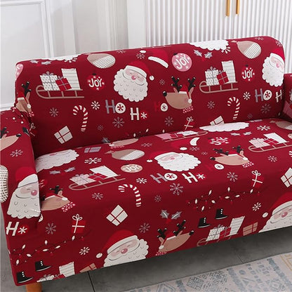 Mybedsoul Christmas Sofa Cover Santa Claus Printed Sofa Couch Cover Washable Furniture Protector with Elastic Bottom Xmas Home Room Festival Decoration(3 Seater)