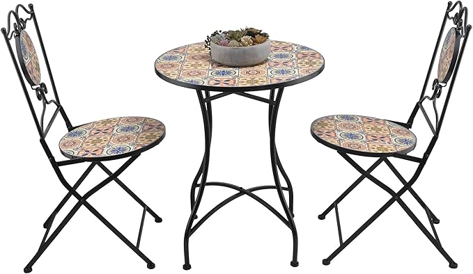 Alpine Corporation Indoor/Outdoor Mediterranean Tile Design Set Table and Chairs Patio Seating