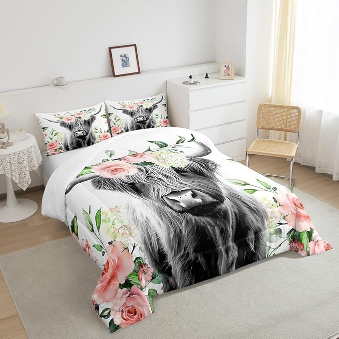 Feelyou Highland Cow Bedding Set Kids Rose Floral Bull Cattle Comforter Set for Girls Teens Western Wildlife Animal Comforter Farmhouse Duvet Set Room Decor Quilt Set King Size