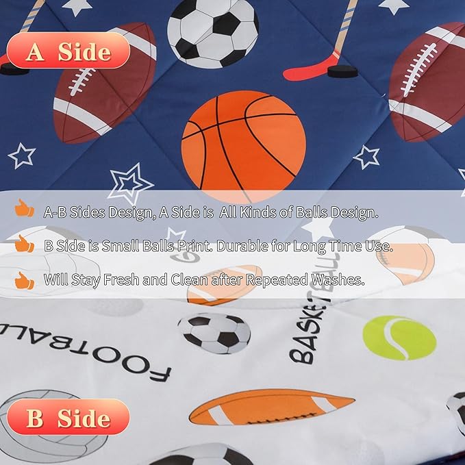 RYNGHIPY Kids Sports Theme Bedding Set, Basketball Football Baseball Tennis Print Comforter Set for Teens Boys Girls, Super Soft Lightweight (Balls,Twin)
