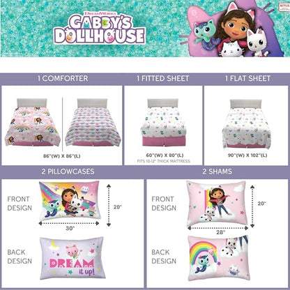 Franco Gabby's Dollhouse Kids Bedding Super Soft Comforter and Sheet Set with Sham, 7 Queen Size, (Official Licensed Product)