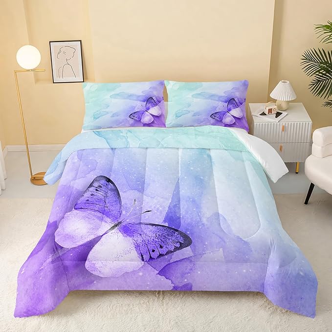Butterfly Comforter Full Size,Watercolor Butterfly Kids Comforter Set,3Pcs Bedding Set Printed Comforter with 2 Pillowcases,Down Alternative,Soft and Lightweight,for All Seasons