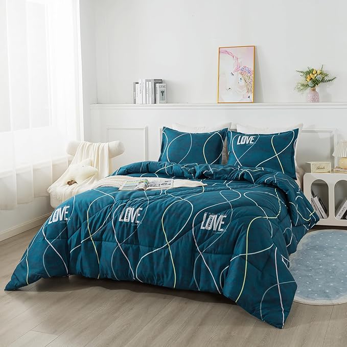 Blue Green Comforter Set King Size, 3 Pieces Modern Lines Pattern with Love, Soft Microfiber Bedding Comforter Set, Down Alternative Comforters for All Season (104 * 90’’)