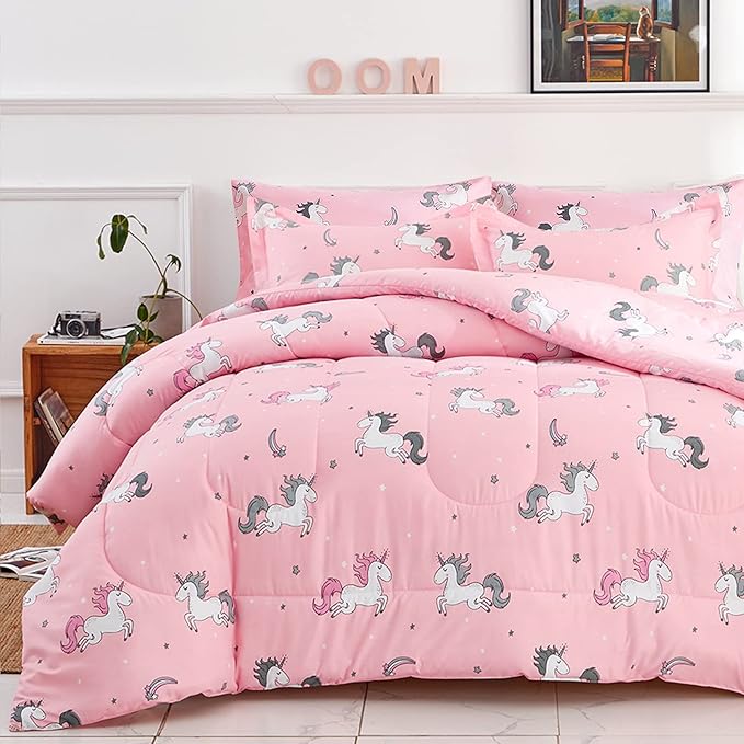 UOZZI BEDDING Bed in a Bag 7 Pieces King Size Unicorn Pink with Rainbow Star - Soft Microfiber, Reversible Bed Comforter Set (1 Comforter, 2 Pillow Shams, 1 Flat Sheet, 1 Fitted Sheet, 2 Pillowcases)