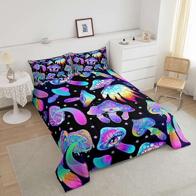 Mushroom Comforter Set King,Kawaii Trippy Botanical Bedding Set Psychedelic Plant Down Comforter for Kids Girls Teens Women Cartoon Cute Mushroom Room Decor Quilt Duvet Set with 2 Pillow Cases Black