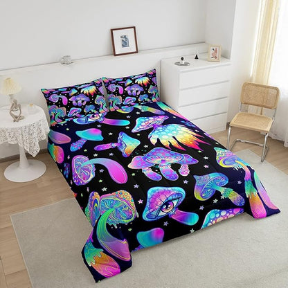 Mushroom Comforter Set King,Kawaii Trippy Botanical Bedding Set Psychedelic Plant Down Comforter for Kids Girls Teens Women Cartoon Cute Mushroom Room Decor Quilt Duvet Set with 2 Pillow Cases Black