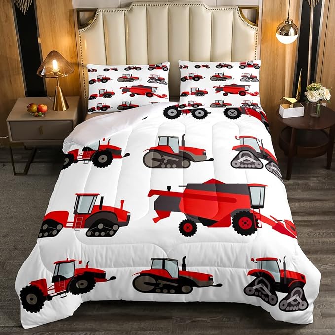 Erosebridal Red Tractor Comforter Set Heavy Equipment Truck Bedding Set for Kids Boys Girls Harvester Tractor Duvet Set Twin Size Farm Equipment Quilt Set Bedroom Collection 2Pcs Room Decor