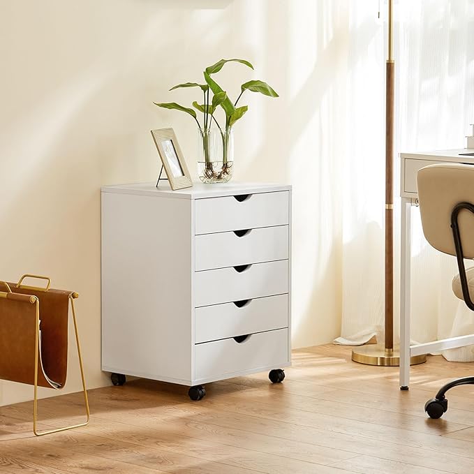 DUMOS 5 Drawer File Cabinet 5 Wood Rolling Organizer Storage Chest with Wheels Mobile Printer Stand for Home Office, White