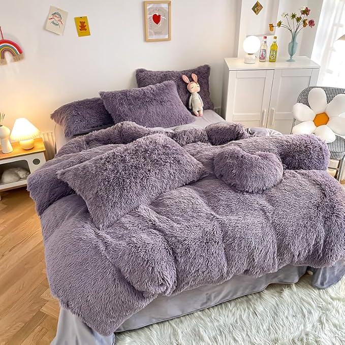 Faux Fur Kid Girls Purple Comforter Sets Twin/Full - 3PC Bed Set Warm Comfortable Soft Plush Flannel Velvet Fluffy Fuzzy Bedding（Comforter x 1 Pillowcases x 2）