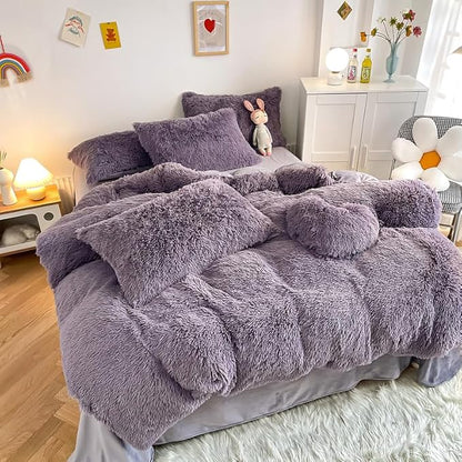 Faux Fur Kid Girls Purple Comforter Sets Twin/Full - 3PC Bed Set Warm Comfortable Soft Plush Flannel Velvet Fluffy Fuzzy Bedding（Comforter x 1 Pillowcases x 2）