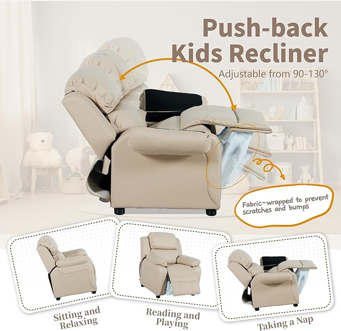 JC Home MACARON Kids Chair Leather Recliner Sofa Toddler Youth Children Child Ages 3-7, Cream