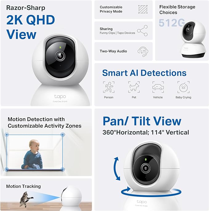 TP-Link Tapo 2K QHD Pan/Tilt Security Camera for Pet Camera, Baby Monitor, Motion Detection, Motion Tracking, 2-Way Audio, Night Vision, Cloud &SD Card Storage, Works w/Alexa & Google Home(Tapo C220)