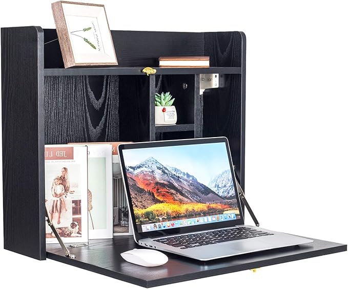 YU YUSING Wall Mounted Table, Multifunctional Fold Down Wall Mounted Laptop Computer Desk with Storage Compartments for Home, Office (Black)