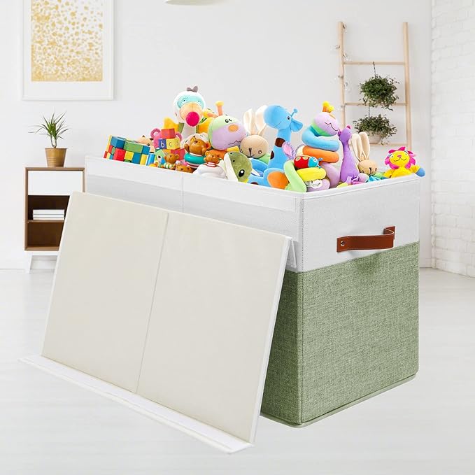 Large Toy Storage Box with Lid, Sturdy Toys Storage Chest Bin Organizer Basket with Dividers for Kids, Boys, Girls, Nursery, Closet, Bedroom, Playroom 25"x13" x16" (Green and White)