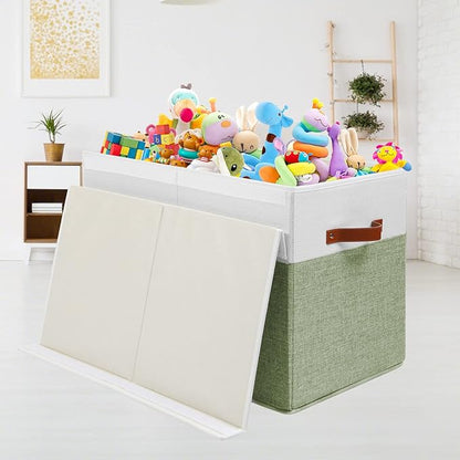 Large Toy Storage Box with Lid, Sturdy Toys Storage Chest Bin Organizer Basket with Dividers for Kids, Boys, Girls, Nursery, Closet, Bedroom, Playroom 25"x13" x16" (Green and White)