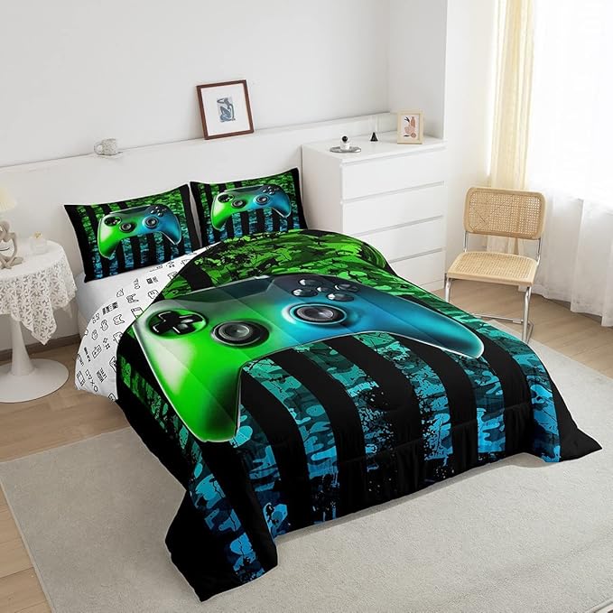 Gamer Comforter Set King Kids Boys Teens USA Flag Stars Down Comforter Gaming Comforter Gamer Room Decor Camo Video Game Bedding Set, Gamepad Console Duvet, Youth Young Man Quilt, Grunge Style