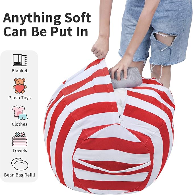 2 PCS Stuffed Animal Storage Bean Bag Chair Cover, Cotton Canvas Beanbag with Zipper for Organizing Kid's and Adults Room Red 24"