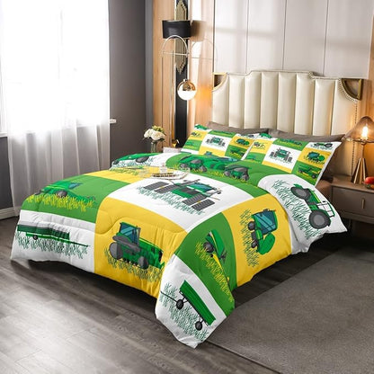 Boys Cartoon Truck Car Down Comforter King Size Kids Construction Vehicles Tractor Comforter Set for Kids Children Farm Excavator Bedding Set Construction Site Cars Duvet Set, Green Yellow