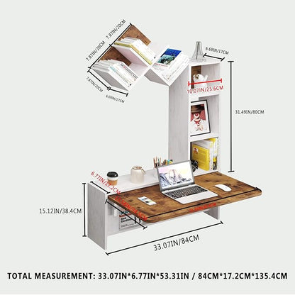 Folding Wall Mounted Drop Leaf Table, Foldable Desk with Moveable Cabinets, Floating Laptop with Convertible Storage Shelves, Multifunctional Computer Workstation in Home for Space Saving