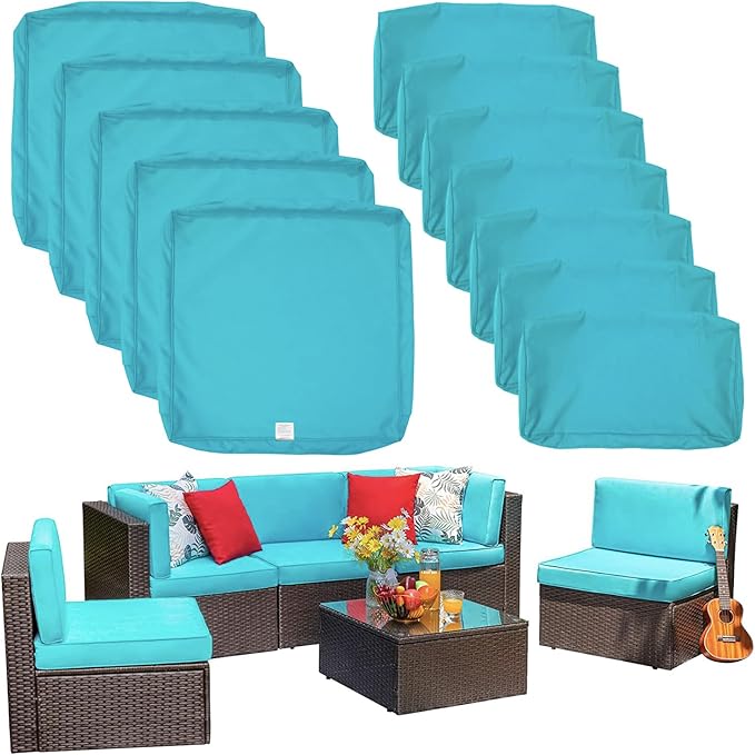 ClawsCover 12 Pack Outdoor Seat and Back Cushions Replacement Covers Fit for 6Pieces 5-Seater Wicker Rattan Patio Furniture Conversation Set Sectional Couch Chairs,Turquoise-Include Cover Only