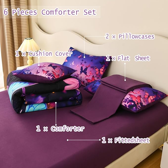 DORCAS Butterfly Comforter Sets for Girls,Full Size Butterfly Bedding Sets Girls,6 Pieces Girls Bedding Sets Full with Comforter Sheets for Teens Kids