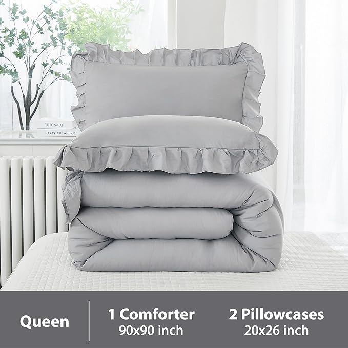 Andency Silver Gray Comforter Set Queen Size, 3 Pieces Shabby Chic Ruffle Bedding Comforter Sets for Queen Bed, Lightweight Fluffy Soft Microfiber Farmhouse Comforter Set