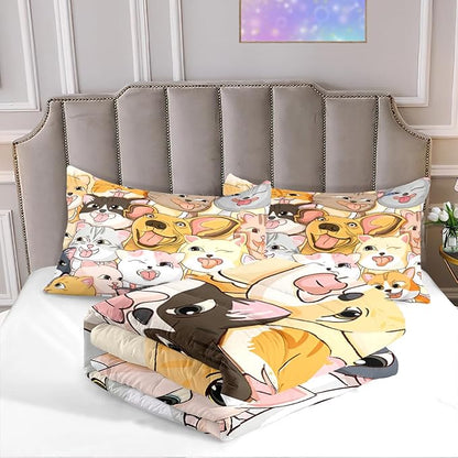 Dogs Bedding Set Queen Size 3Pcs - Cute Cartoon Dog Animal Print Comforter Set for Kids Boys Lightweight Soft Puppy Comforter with 2 Pillowcases All-Season Boys Teens Bedroom Dorm Bedding Decor