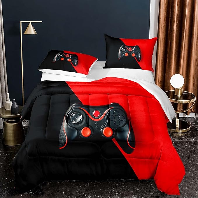 Teens Video Game Comforter Sets 3D Red Black Gamepad Bedding Set Twin Size Kids Boys Games Themed Comforter/Quilt Set Gaming Controller Bedspread Bedroom Decor